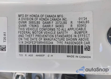 2024 Honda Civic Sport from USA, damaged, VIN 2HGFE2F58RH550244